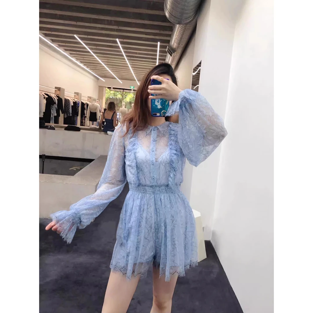 【颖三三福福款】气质女神睫毛蕾丝仙气修身木耳边显瘦长袖连体裙裤