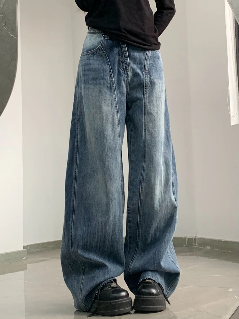 美式高腰阔腿牛仔裤女胖mm显瘦新款慵懒风大码弯刀裤梨型身材裤子