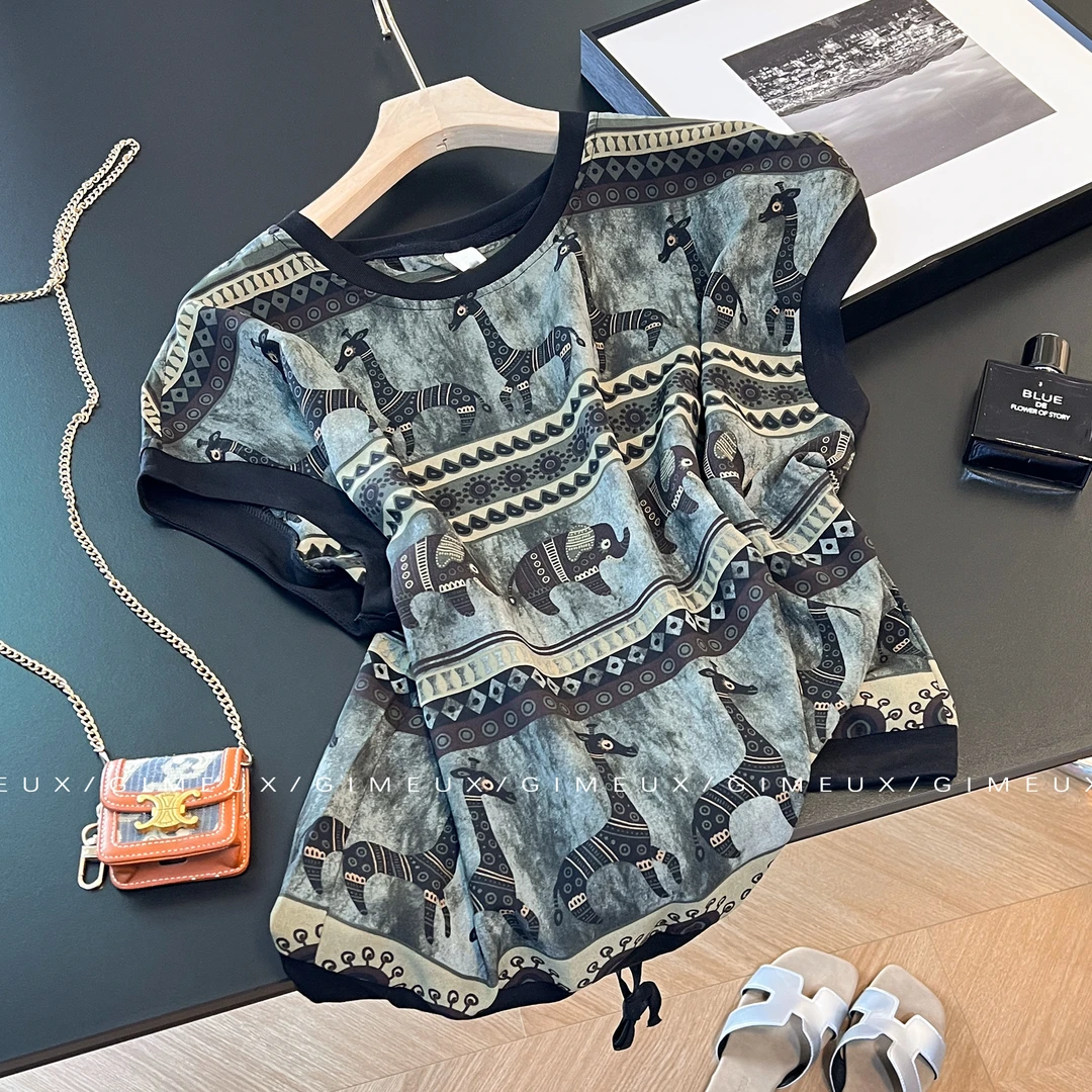 复古条纹宽松坎肩T恤女2025夏季新款时尚百搭撞色领显瘦短袖上衣