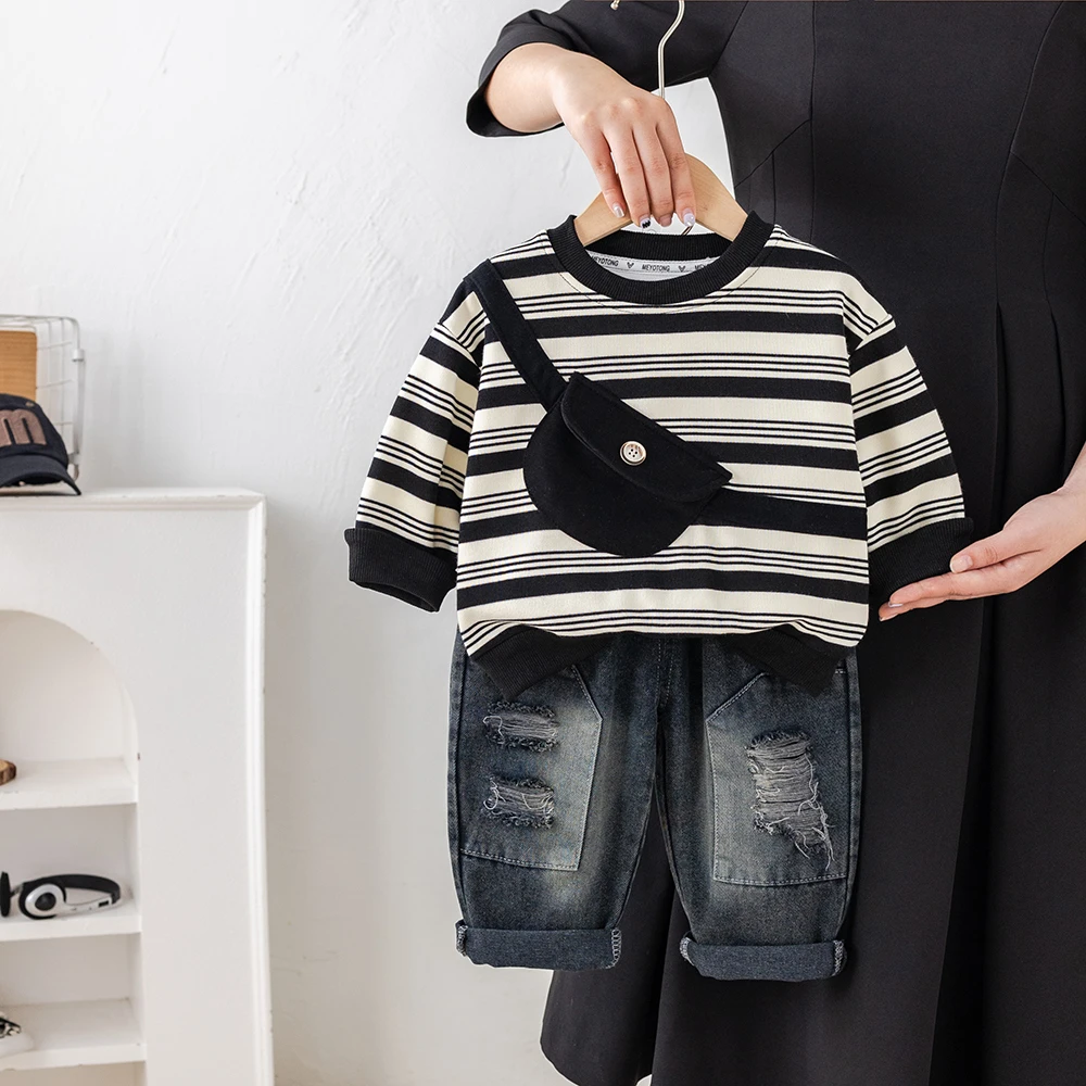男童秋季长袖套装2025新款洋气婴儿童宝宝春秋装条纹卫衣两件套潮