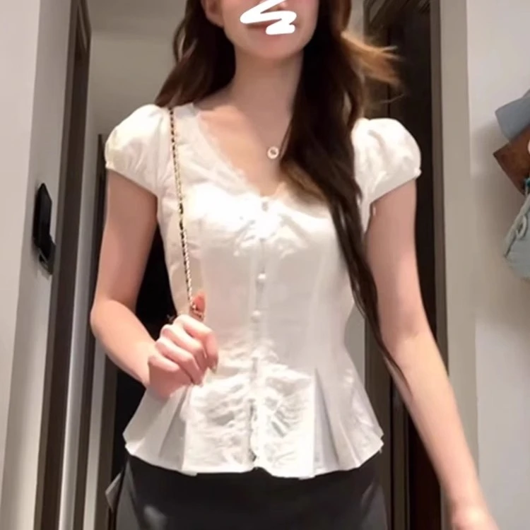 圆领法式蕾丝花边V领短袖白色衬衫女装夏季韩系chic小衫修身显瘦