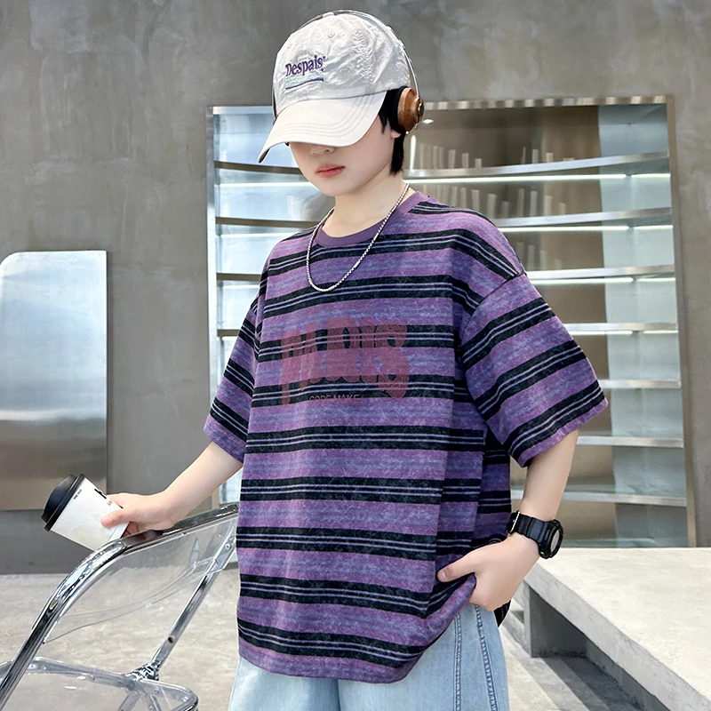 儿童夏季短袖T恤2025新款男童韩版宽松百搭痞帅风条纹薄款夏装潮t