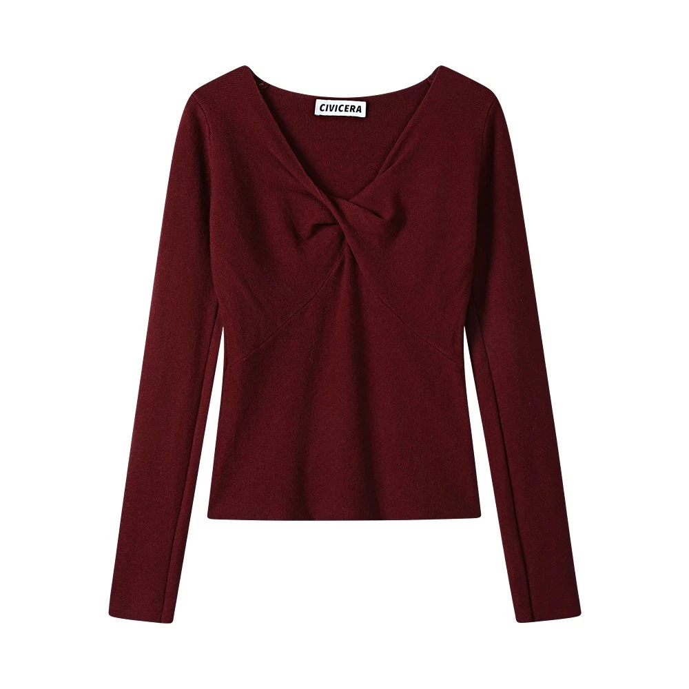 【NO退NO换】ML225法式扭结修身安可拉红针织衫女套头气质内搭毛衣