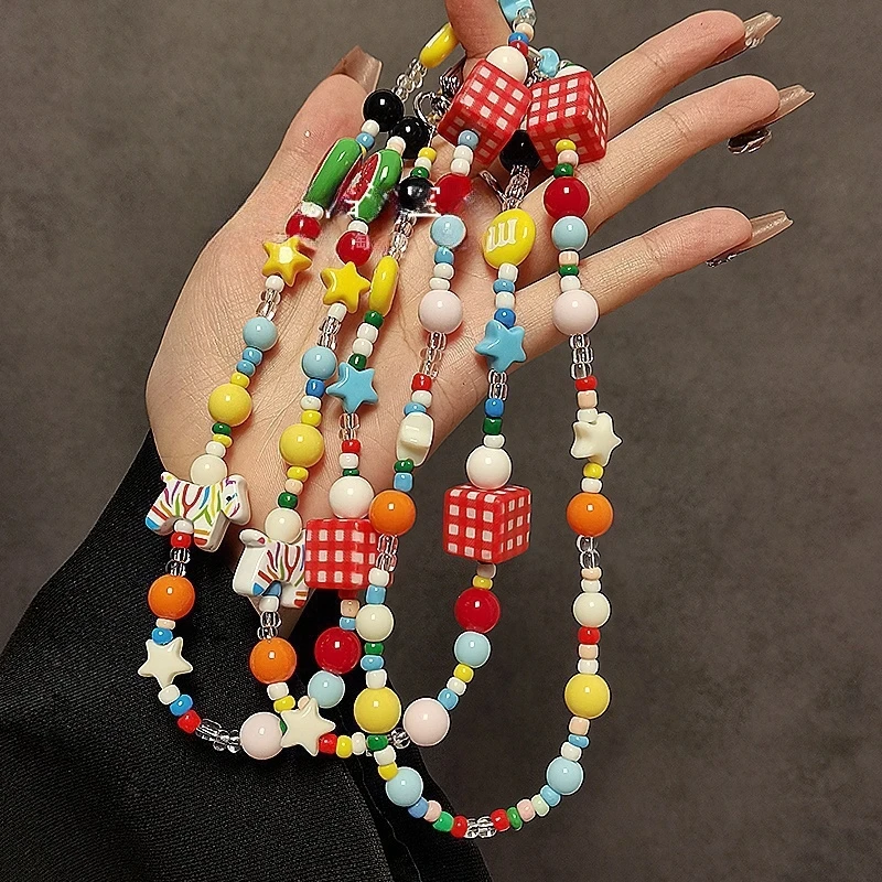 时尚手机链彩色串珠手机挂绳长款斜挎防丢挂链背带链包包挂件