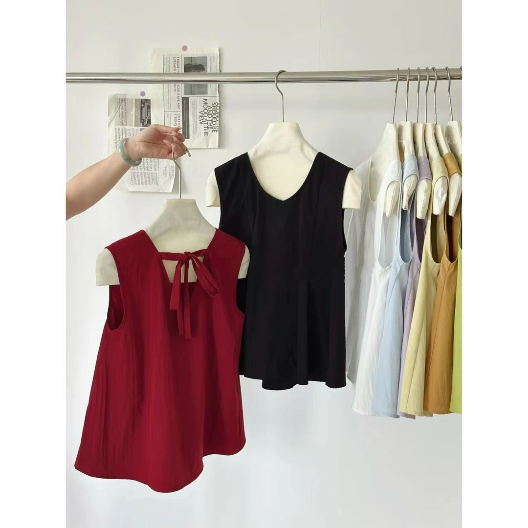 2025夏季新款午休U领绑带蝴蝶结露背短袖T恤上衣时尚宽松慵懒风