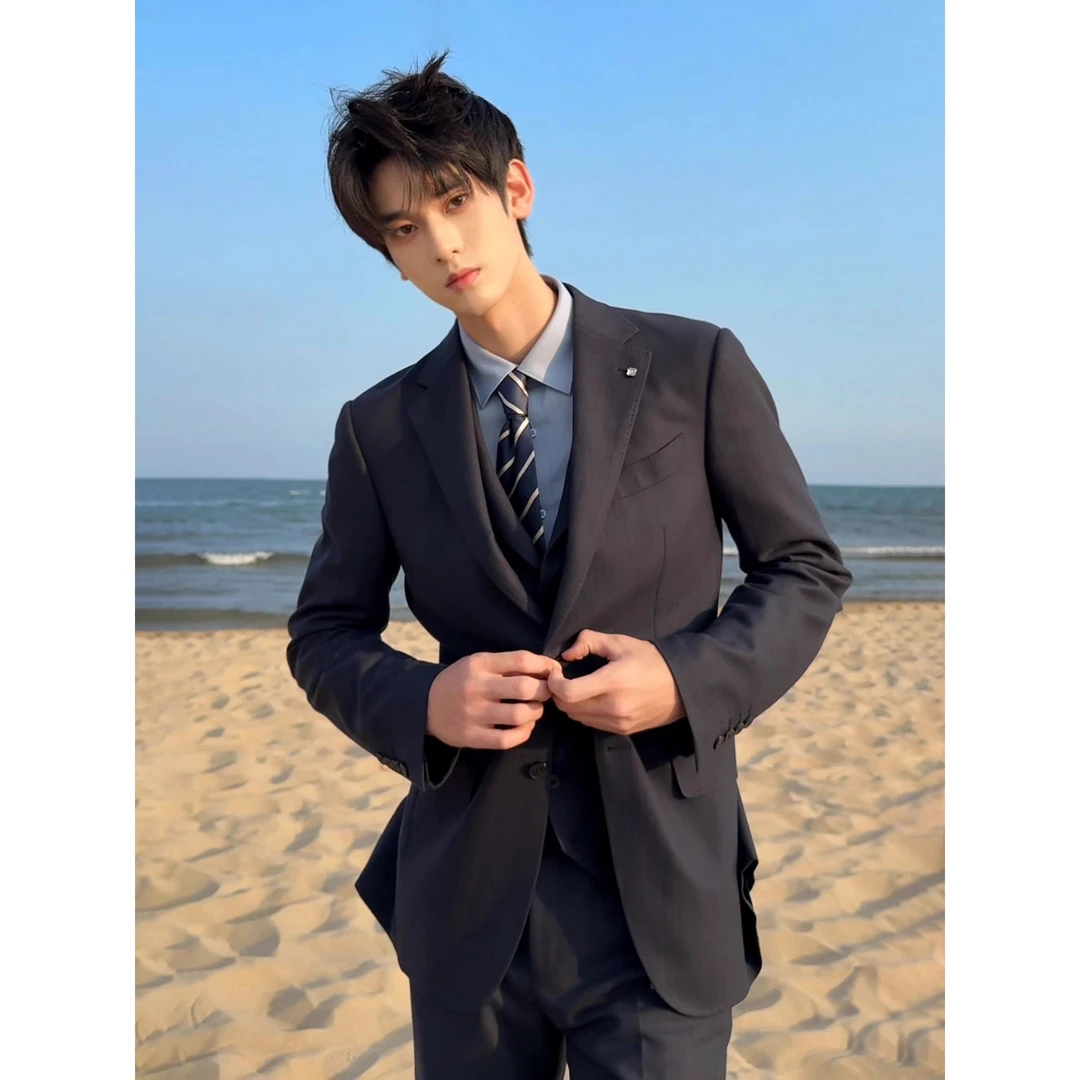 英伦雅痞黑色正肩西服外套男轻熟风高级感套装韩系早秋穿搭一整套