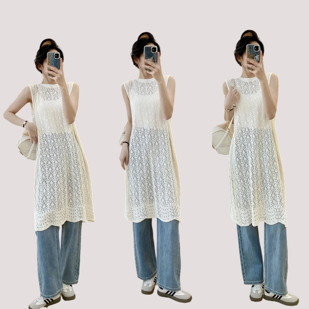 度假风长款镂空针织百搭连衣裙宽松无袖背心吊带叠穿女罩衫夏季