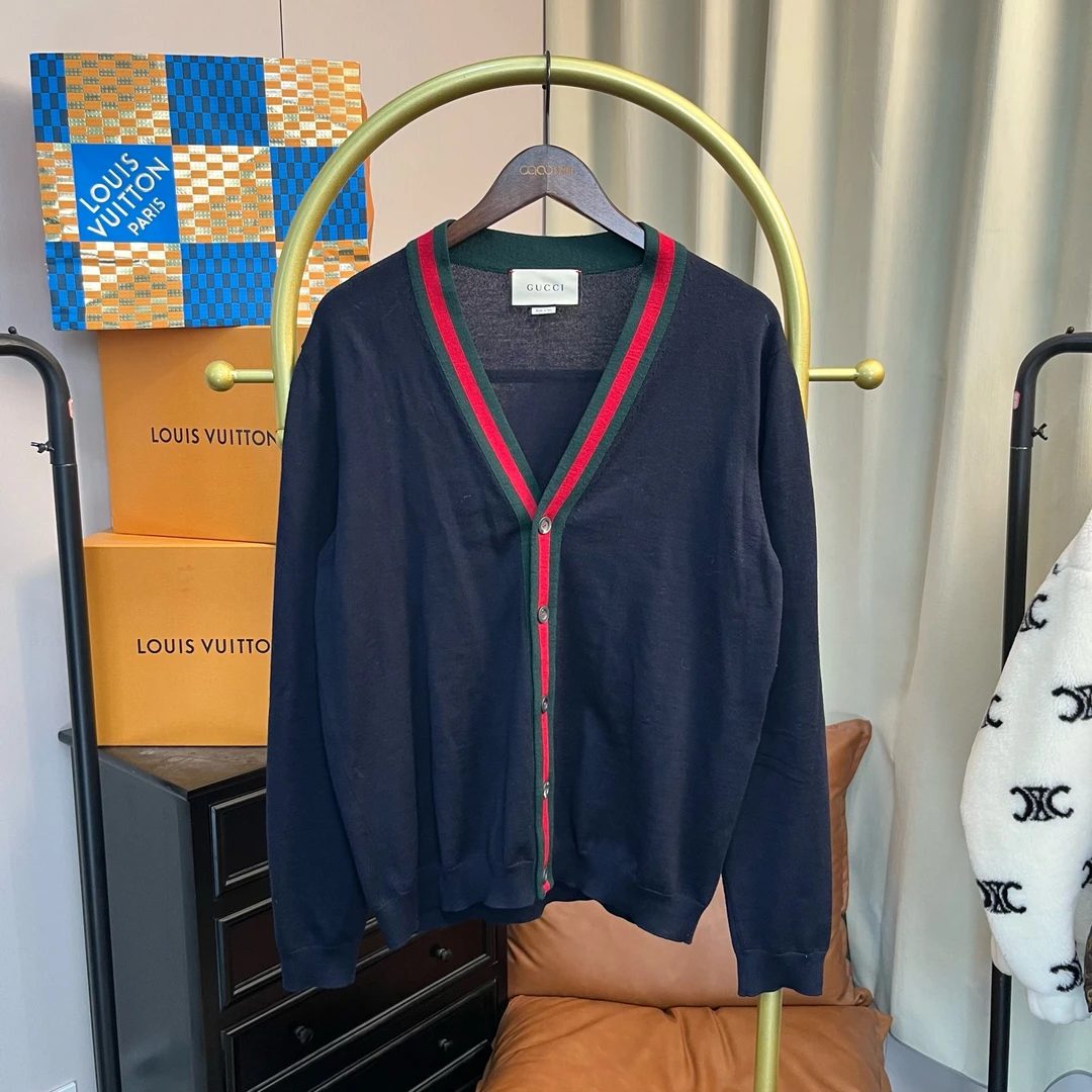 99新 GUCCI/古驰 梅芙 黑色红绿条纹开衫 xl码