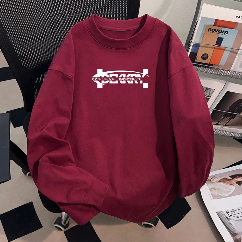 Dekkry潮牌简约字母印花酒红色长袖t恤男女重磅纯棉圆领百搭上衣