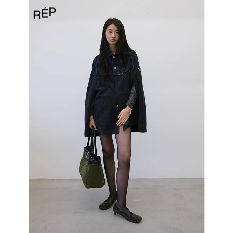 JUNWEILIN设计师品牌牛仔拼接灰色羊毛斗篷外套24CAPSULE新款