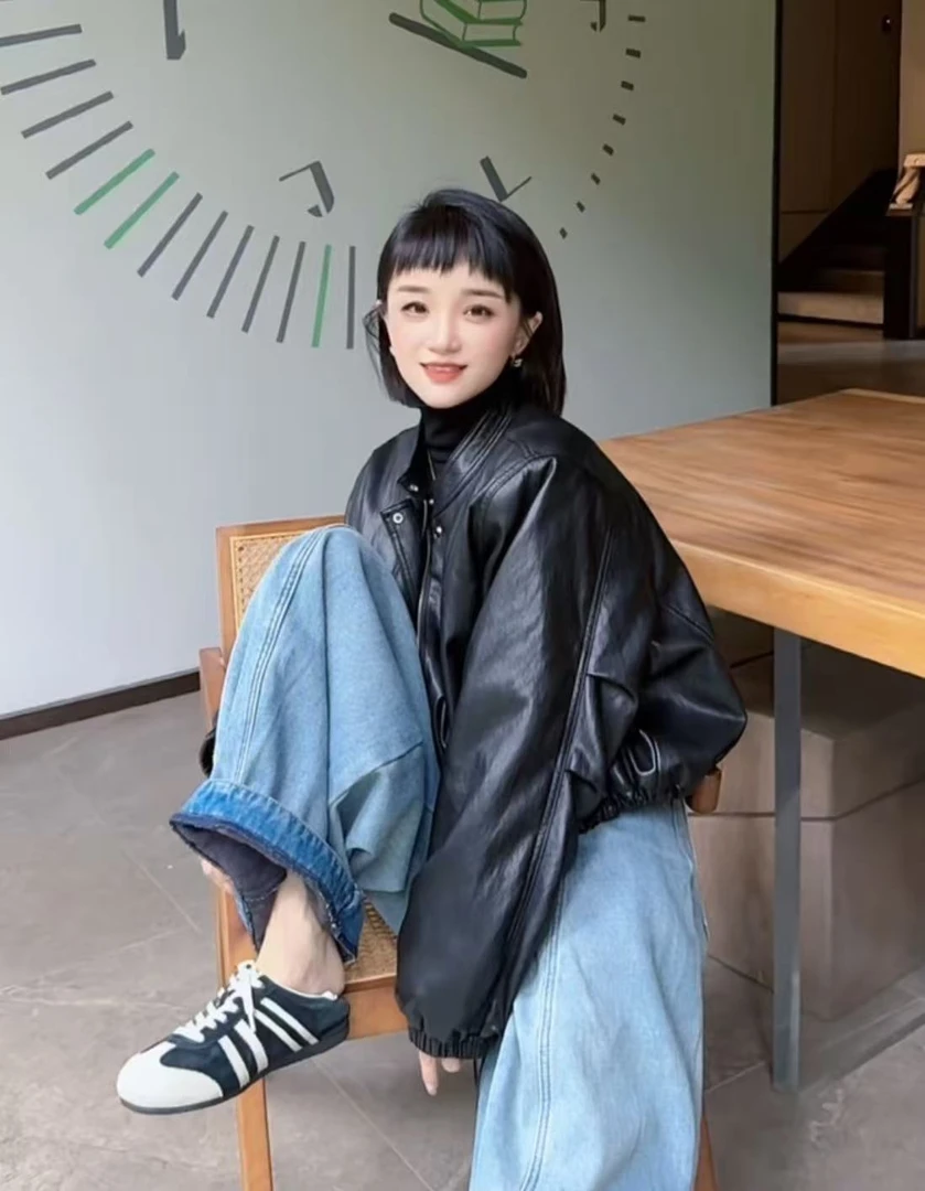 【彩丽家】泡芙款口袋标准立领长袖皮衣百搭秋冬洋气短款加绒