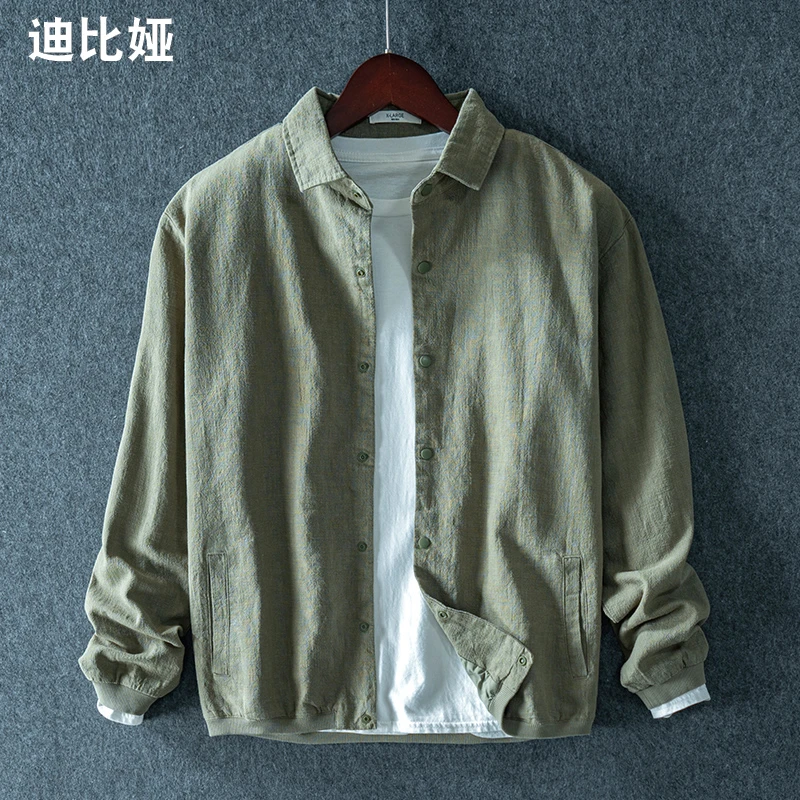【原创设计】秋季亚麻夹克外套硬汉痞帅简约休闲青年苎麻上衣男Y