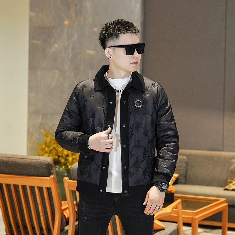 欧洲站潮牌休闲针织翻领男士羽绒服2025新款冬季修身刺绣保暖外套