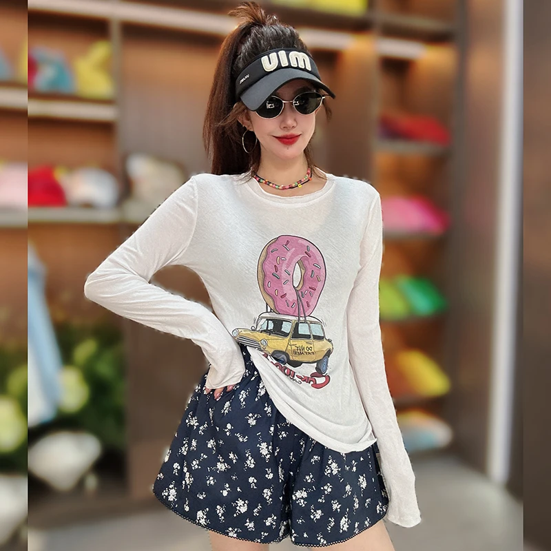 时尚夏装新款韩版圆领长袖印花T恤女显瘦百搭纯棉上衣防晒衫内搭