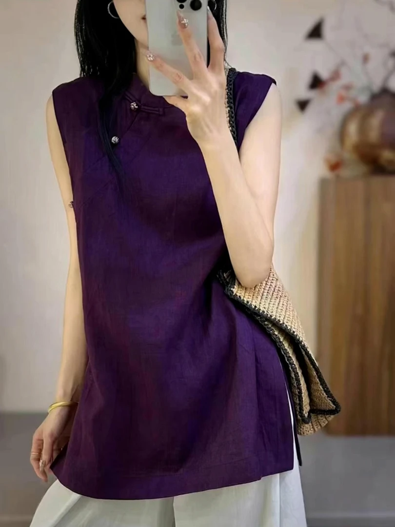 小众不撞款新中式国风气质紫色盘扣无袖衬衫上衣2025夏日绝美穿搭
