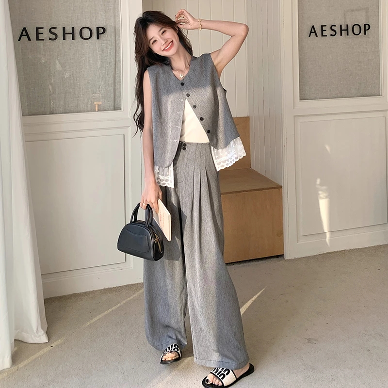 灰色高级感蕾丝拼接马甲套装女2025夏季韩系气质通勤阔腿裤两件套