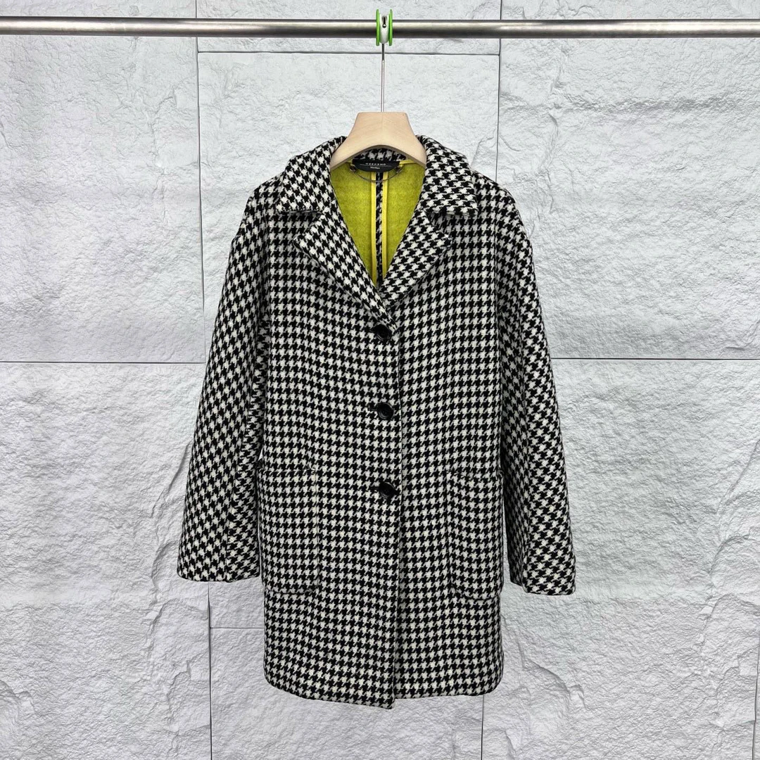 99新 MaxMara s码/黑白色千鸟格中长款大衣/14384885