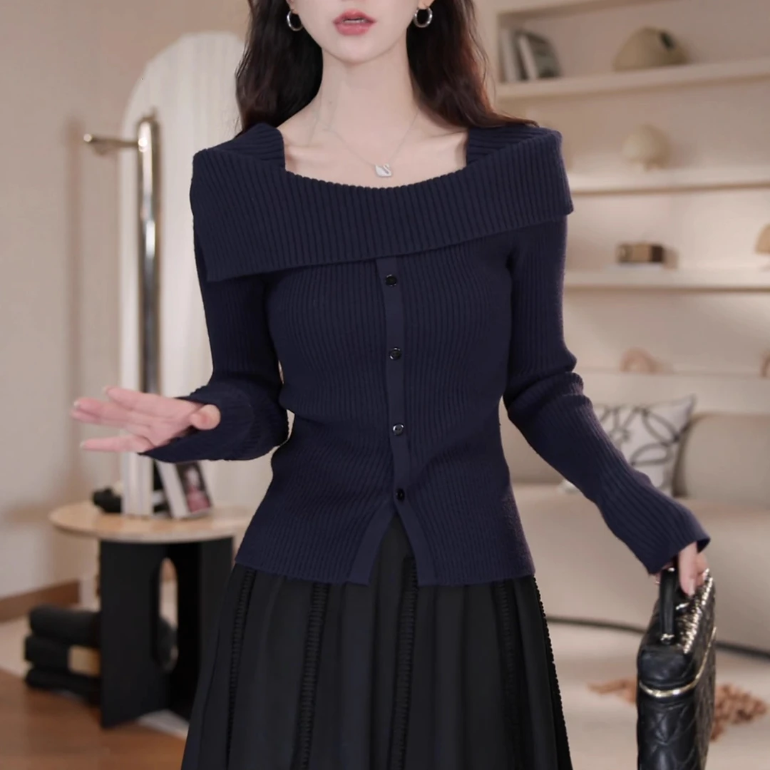 一字肩长袖针织衫女秋冬毛衣打底内搭2025年新款韩系气质减龄上衣