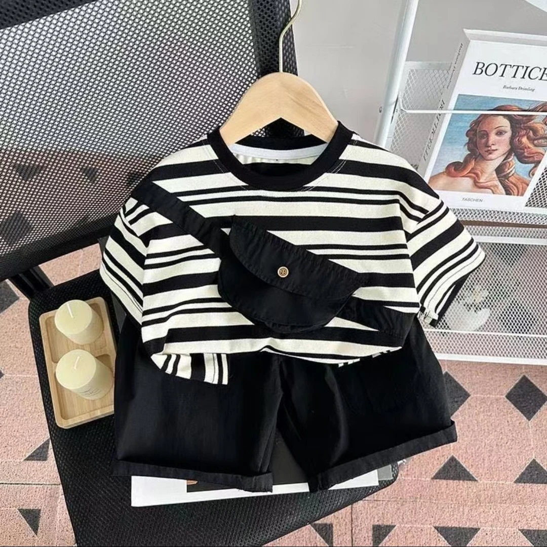 男童宝宝童装2025夏装新款套装儿童衣服条纹洋气短袖夏季两件套
