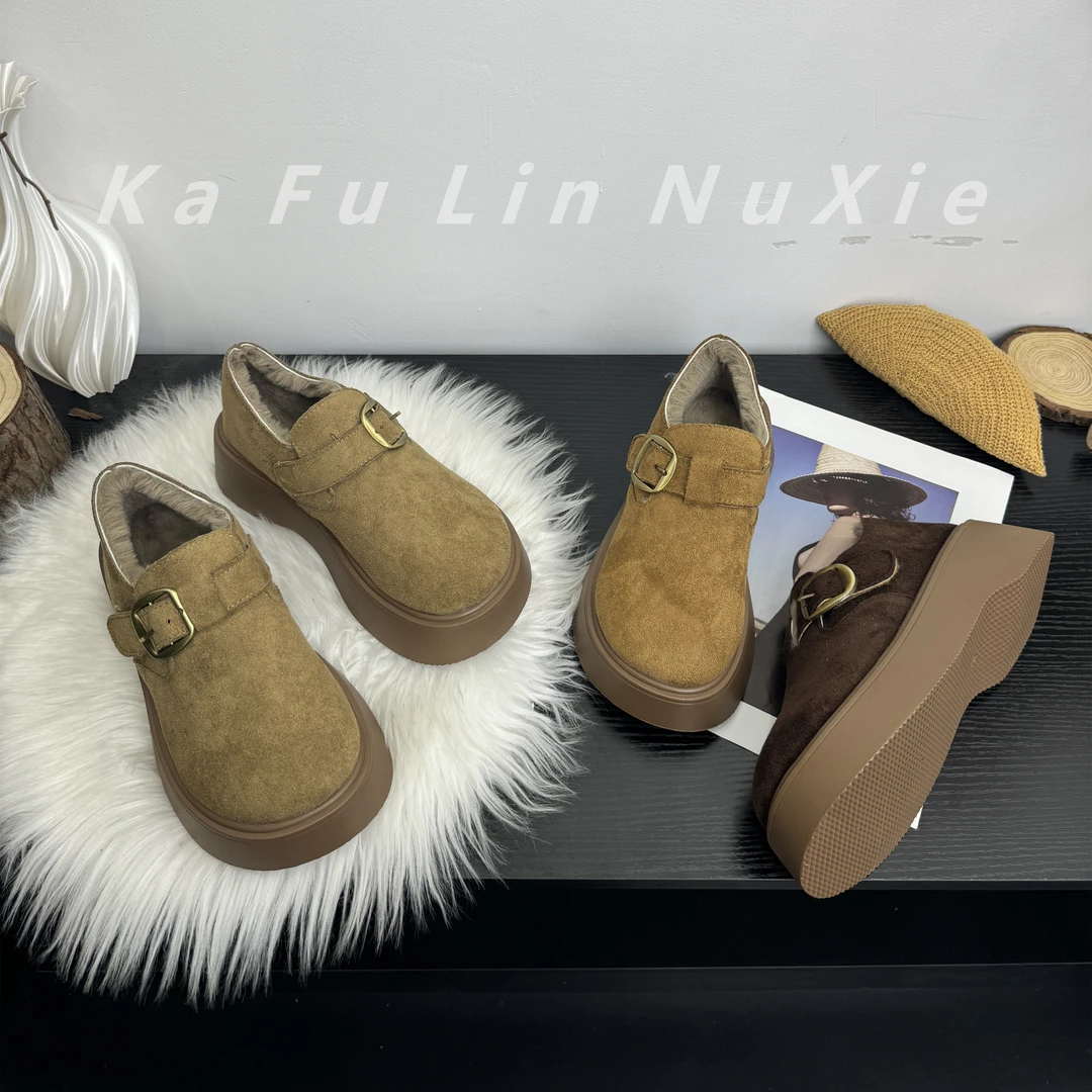 【卡芙琳shoes】厚底加绒勃肯鞋女保暖雪地靴冬季乐福鞋低帮棉鞋女