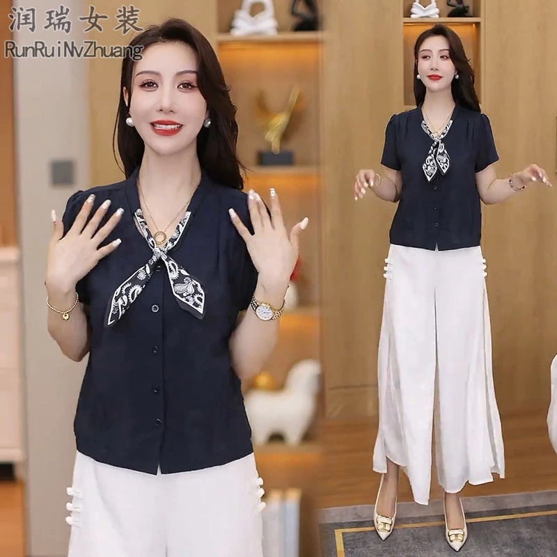 洋气减龄围巾领短袖衬衫女2025夏季新款设计感宽松显瘦气质上衣潮