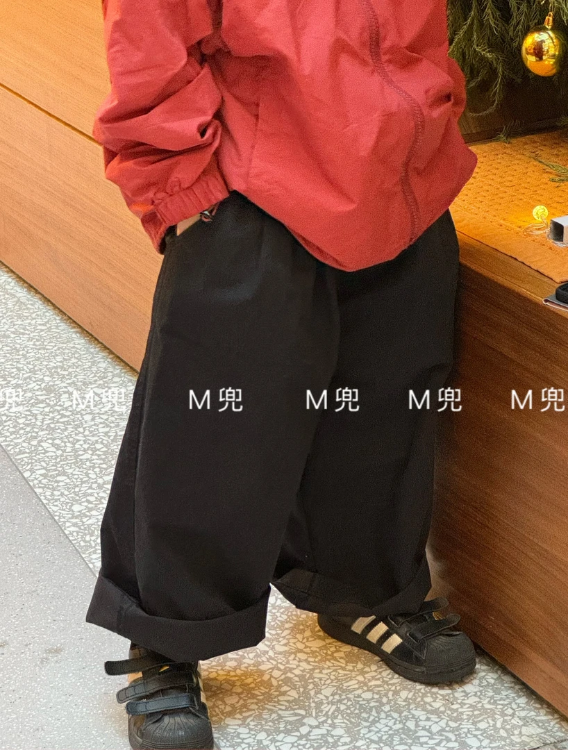 渔小米25年春季新款黑色简约款男女同款中童直筒裤