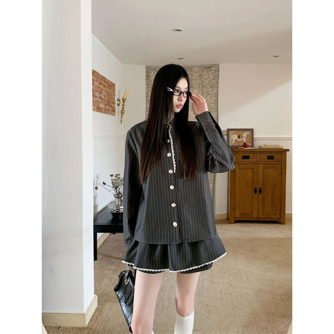 时尚灰色条纹套装女秋花边领长袖衬衫外套+短款半身裙辣妹休闲潮