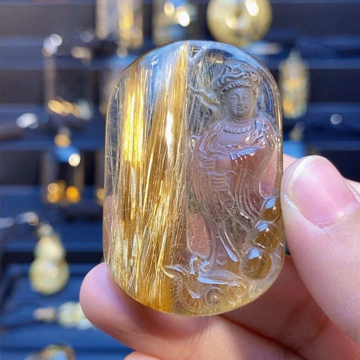 颈饰未镶嵌发晶天然金发晶站观音无事牌