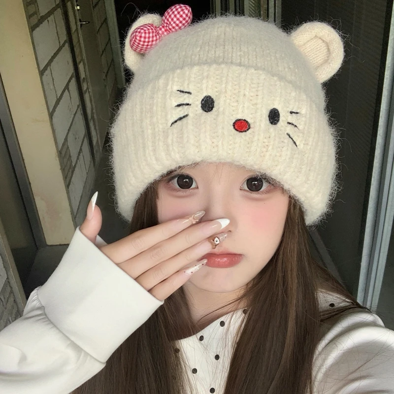 可爱猫耳朵毛线帽子女秋冬季保暖护耳针织帽百搭大头围显脸小冷帽