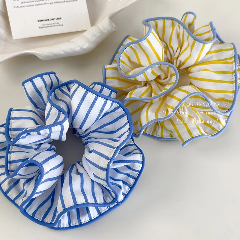 阳光少女奶黄条纹撞色拷边肠圈气质盐系日韩蓝条纹小蛮腰发圈新款