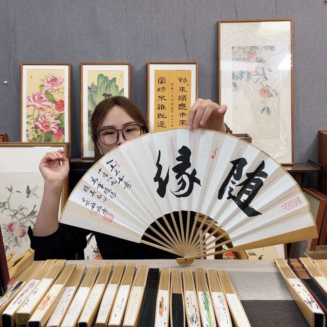 国画10寸玉竹-纯手绘-文玩扇骨（默认粘好）