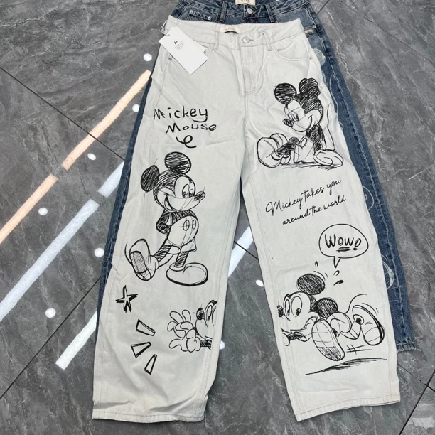 卡通手绘印花牛仔裤女高腰显瘦直筒休闲裤百搭潮流