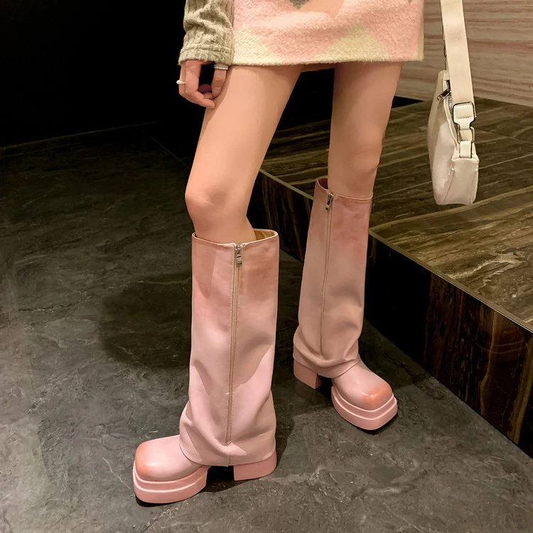 25年甜酷风裤管靴女小个子增高厚底高筒骑士靴方头韩系长靴