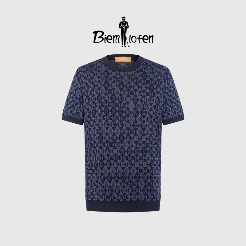 【蚕丝棉】比音勒芬春夏新款男士上衣菱格字母印花圆领短袖针织衫