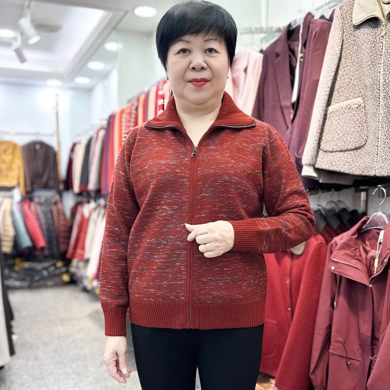 秋冬妈妈装毛衣外套拉链厚款保暖上衣中老年女装翻领夹克绒衫外穿