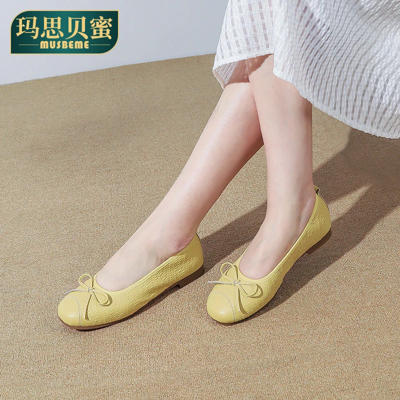 玛思贝蜜2025年新款法式蝴蝶结真皮编织浅口通勤百搭舒适单鞋