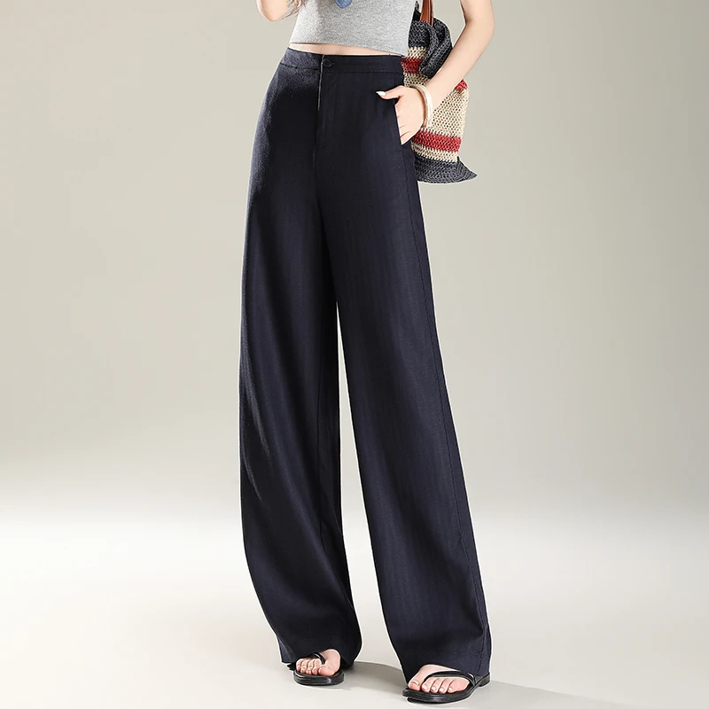 正品高端时尚天丝亚麻休闲阔腿裤女宽松2025高腰垂感夏季凉凉裤