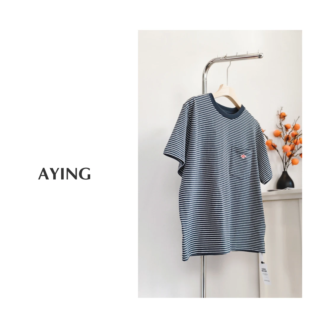 女士 经典百搭圆领条纹口袋宽松显瘦纯棉T恤