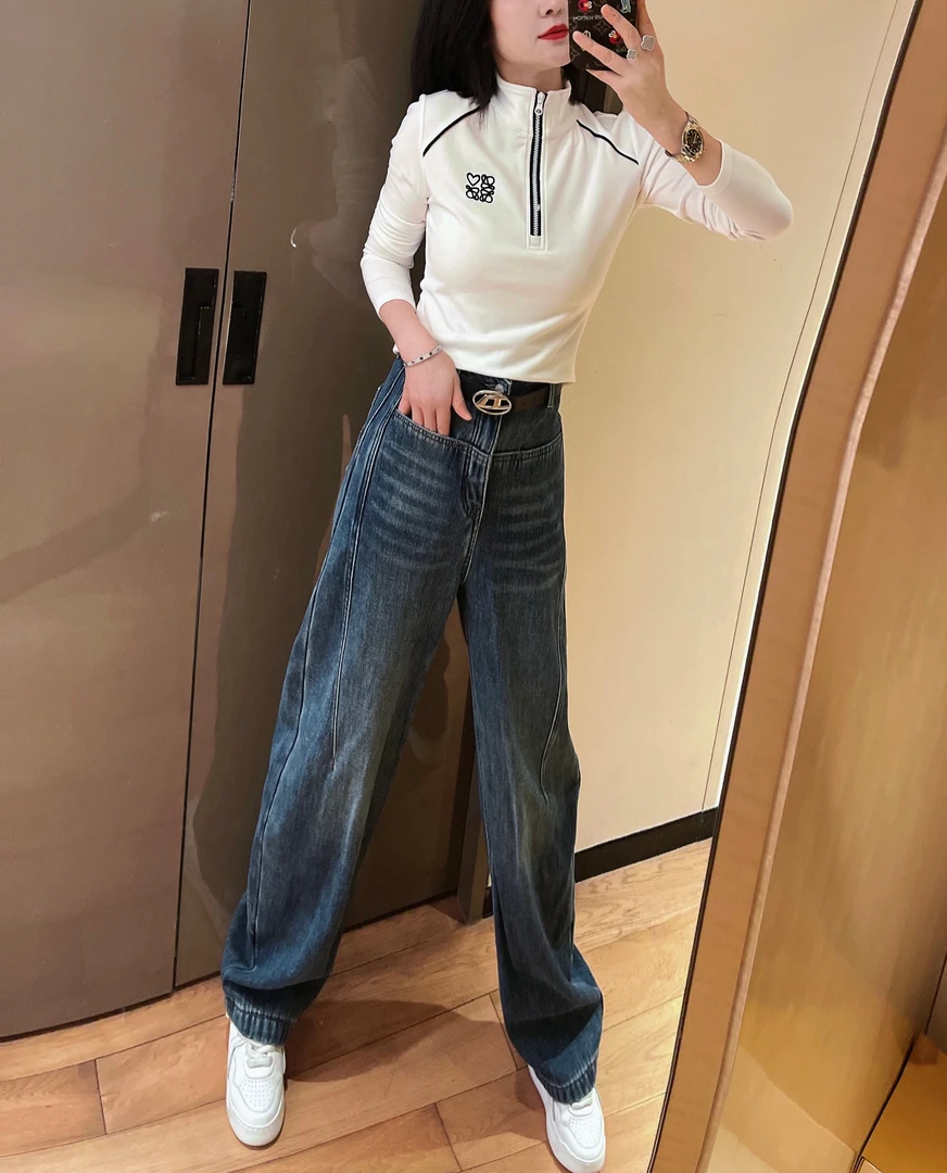 哝NONG-2025春夏新款欧若风复古侧缝线阔腿弯刀牛仔裤01692200