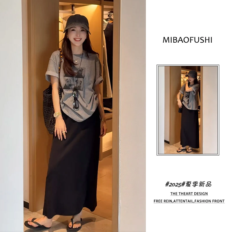 【现货】夏季穿搭一整套2025新款韩系印花T恤百搭高腰半身裙两件套