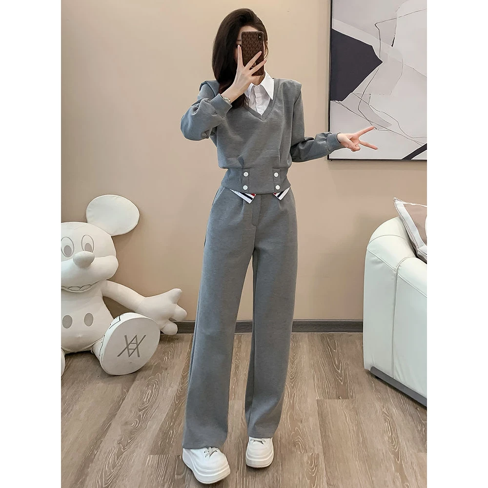 欧货品牌休闲运动套装女秋洋气显瘦假两件卫衣高腰直筒裤两件套潮