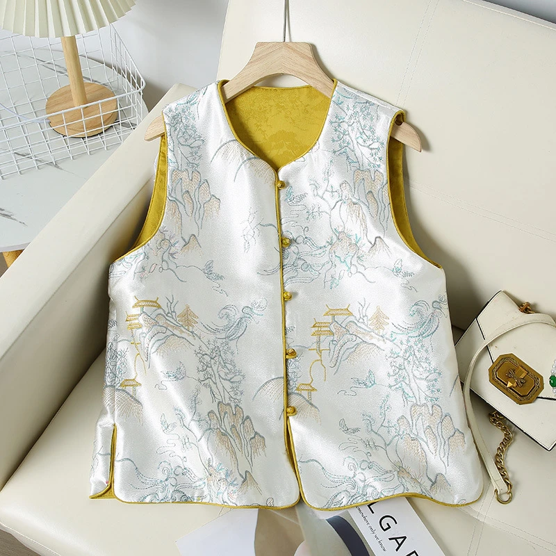 新中式国风刺绣两面穿马甲女2025春秋新款提花时尚高级感背心马夹