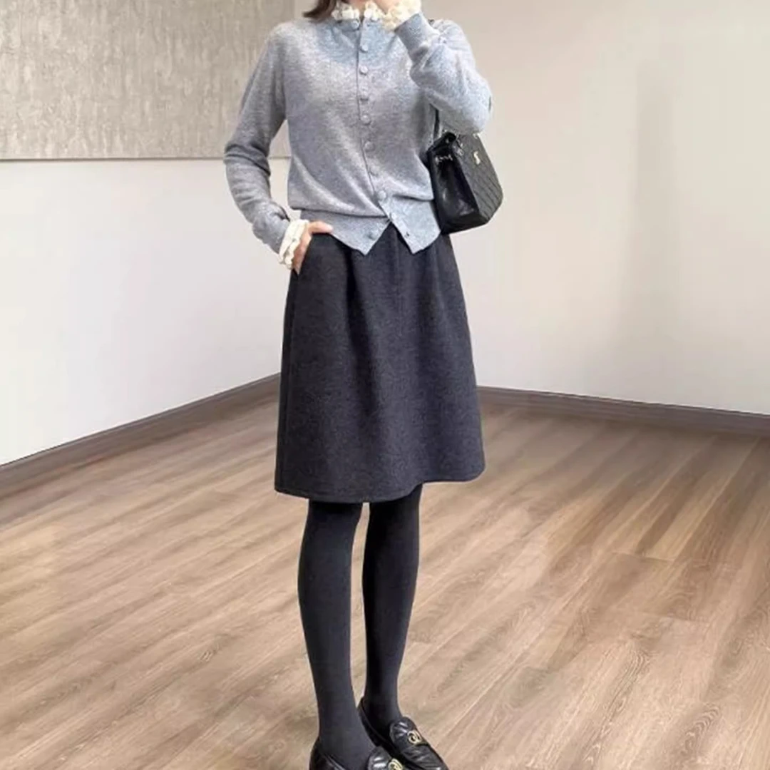 简约宽松遮肉毛呢半身裙胖秋冬a字裙加长裙呢子中裙女