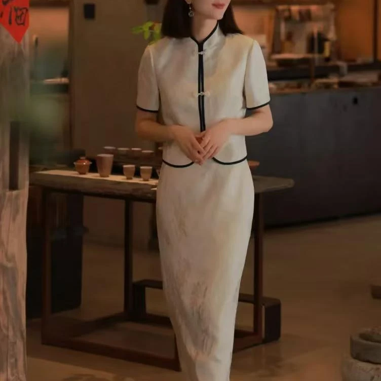 【凡黛卡】国风盘扣复古优雅气质暗纹提花套装裙两件套 HTA009