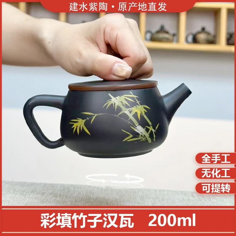 云南建水紫陶壶-全手工制-彩填竹子壶-高端泡茶壶-家用茶具