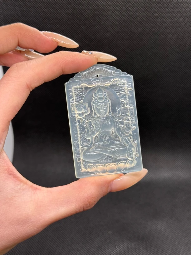 岫玉白冰大势至菩萨方牌马生肖守护吊坠