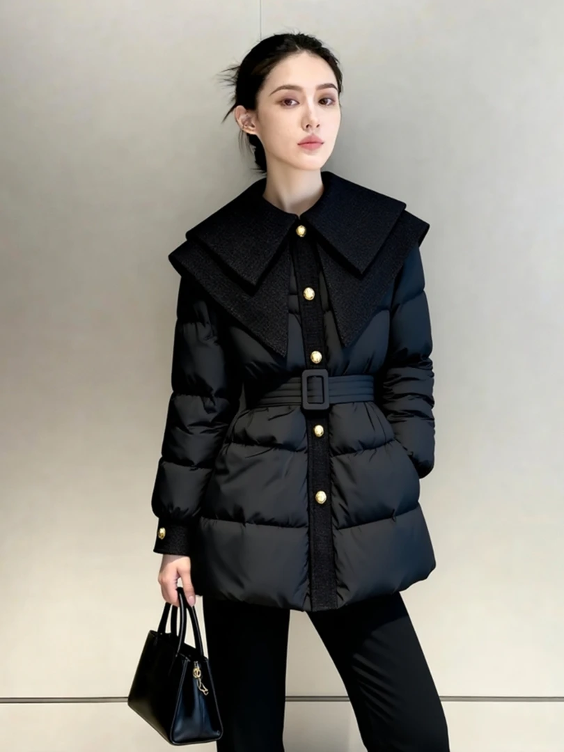 小香风黑色翻领收腰面包服女款冬季2025新款独特漂亮巨好看厚外套