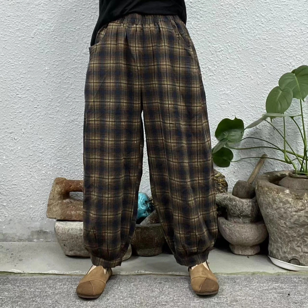 30217-1蓝咖格色织麻印花灯笼休闲裤（长93臀围120脚口34