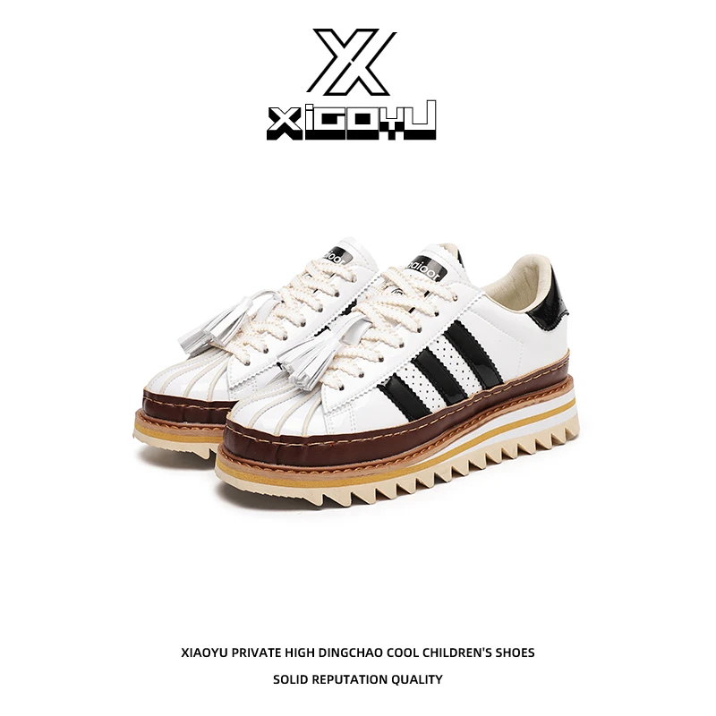 贝壳头厚底增高黑色三杠运动休闲百搭运动情侣小白鞋-6233/6229