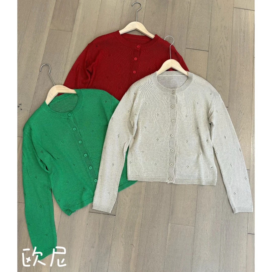 欧尼私服 2025夏圆领镂空花朵设计薄款透气百搭针织开衫2504C2014